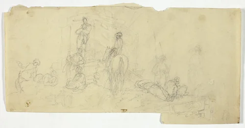 Group of Peasants with Man on Horse by William Henry Pyne, drawing, 1789-1843