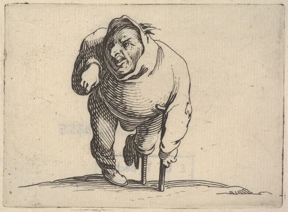 Small male figure with peg leg and crutch, in frontal view, from "Varie Figure Gobbi" by Jacques Callot, print, 1621-1625
