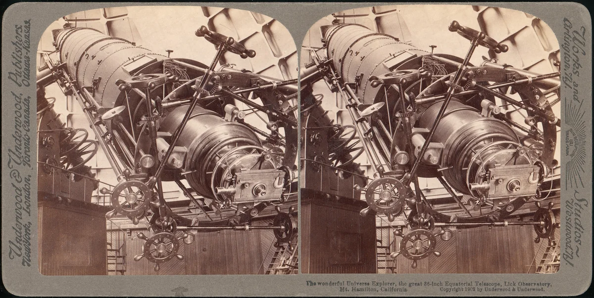 The Wonderful Universe Explorer, The Great 36-inch Equatorial Telescope, Lick Observatory, Mt. Hamilton, California by Underwood & Underwood, photograph, 1902