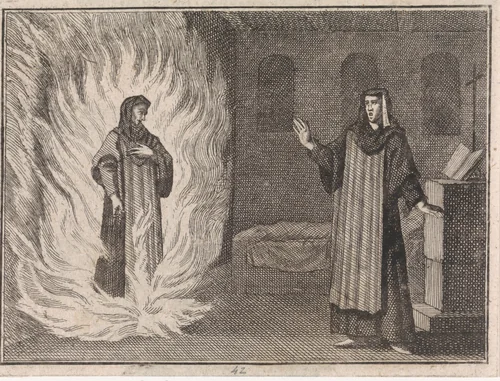 Johanna de Catharina verschijnt als geest in het vagevuur voor haar vriendin Magdalena à S. Alexio by Caspar Luyken, print, 1710