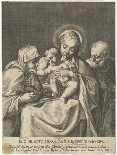 Heilige Familie met de heilige Clara van Assisi by Dominicus Custos, print, 1579-1615