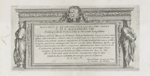 Titelprent met twee mannelijke kariatiden by Pietro Sante Bartoli, print, 1645-1700