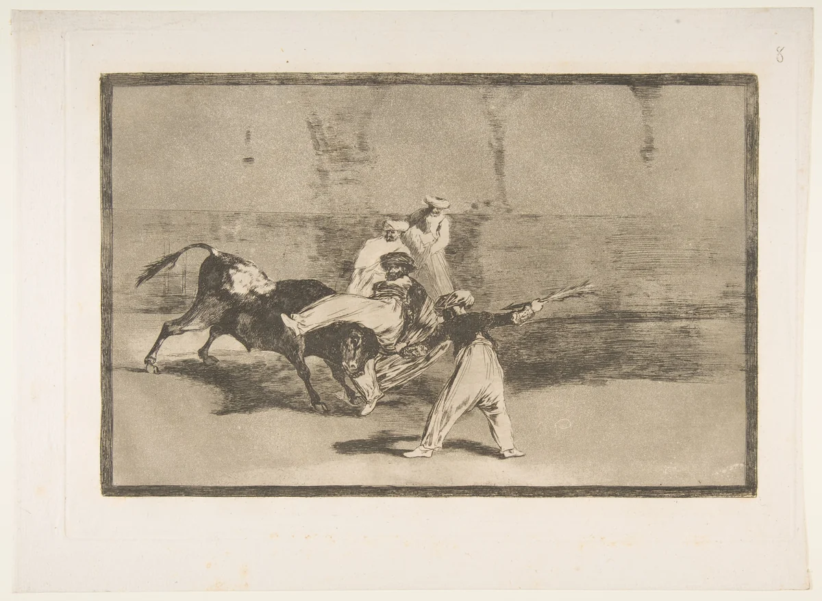 A Moor Caught by the Bull in the ring, plate 8 from "La Tauromaquia" by Goya, print, 1816