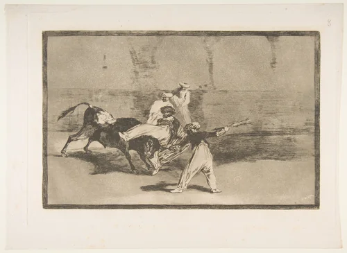 A Moor Caught by the Bull in the ring, plate 8 from "La Tauromaquia" by Goya, print, 1816
