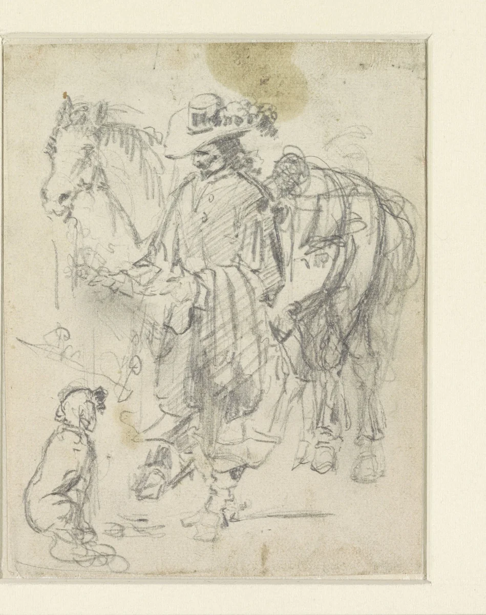 De ridder en de hond by Adrien Joseph Verhoeven-Ball, drawing, 1834-1882