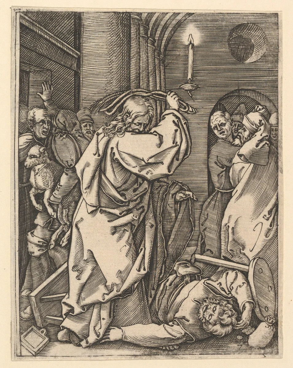 The Cleansing of the Temple; Christ driving the money-changers from the temple and raising a scourge over his left shoulder, as if to strike a man on the floor, from "The Passion of Christ" by Marcantonio Raimondi, print, 1495-1539