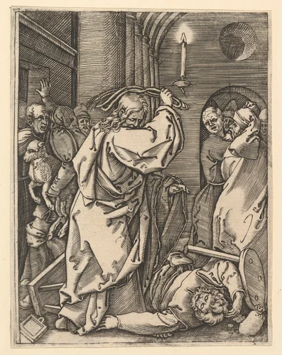 The Cleansing of the Temple; Christ driving the money-changers from the temple and raising a scourge over his left shoulder, as if to strike a man on the floor, from "The Passion of Christ" by Marcantonio Raimondi, print, 1495-1539