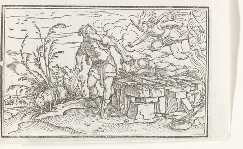 Abraham offert zijn zoon Isaac by Hans Holbein, print, 1538