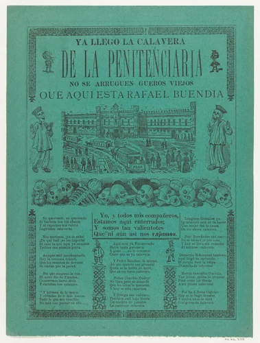 The arrival of the skeletons of the penitentiary (Posada); two skeleton angels in lower corners of verso (Manilla) by José Guadalupe Posada, print, 1902