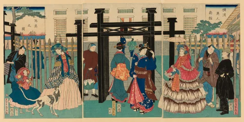Foreign Mercantile House in Yokohama (Yokohama ijin shokan) by Utagawa Sadahide, print, 1861