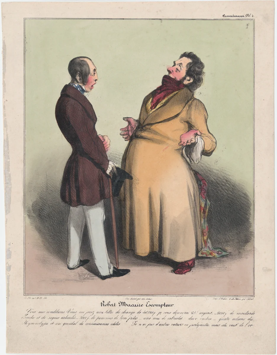 Plate 4: Robert Macaire, discount broker, from 'Caricaturana,' published in Les Robert Macaires by Honoré Daumier, print, 1838