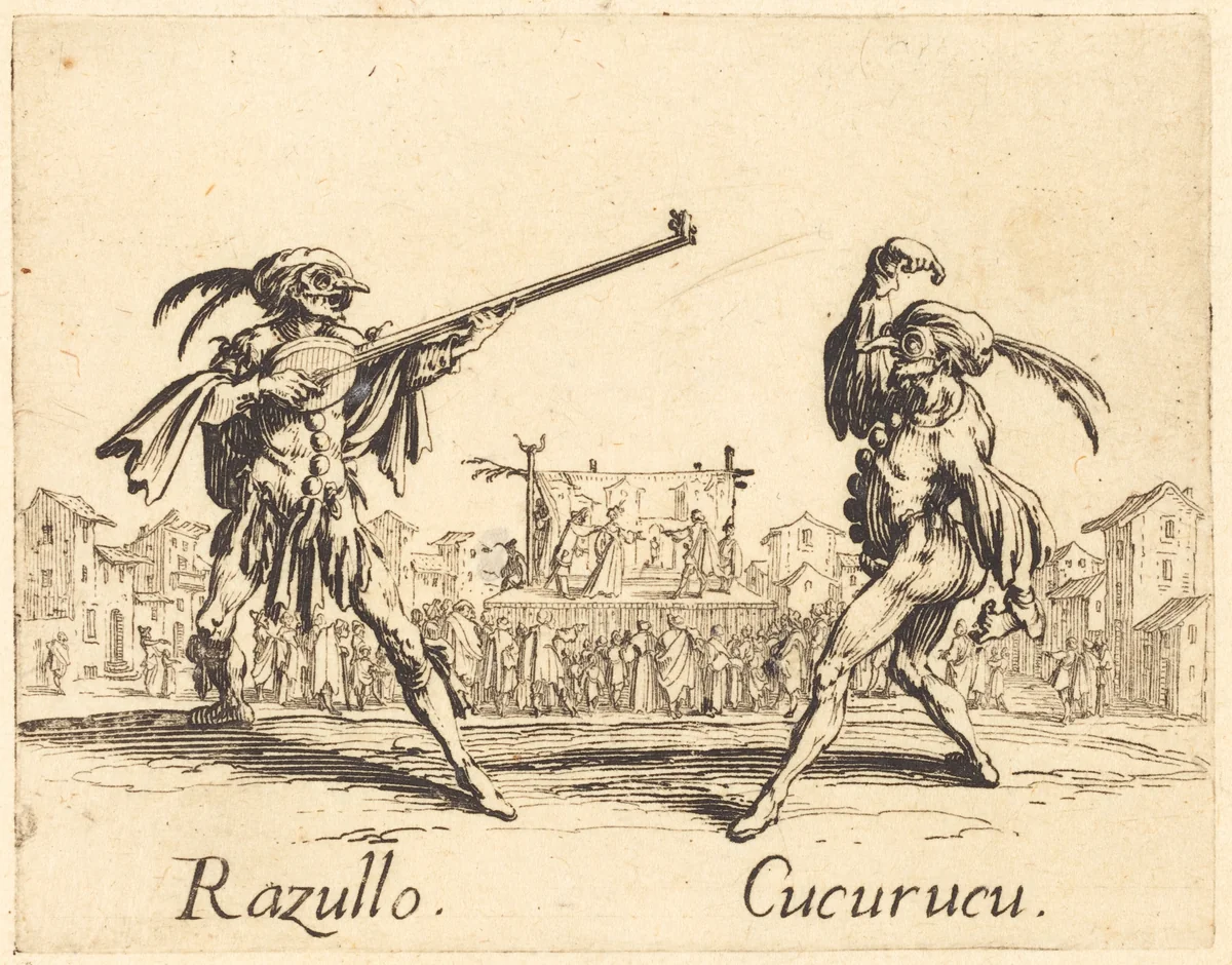 Razullo and Cucurucu by Jacques Callot, print, 1622