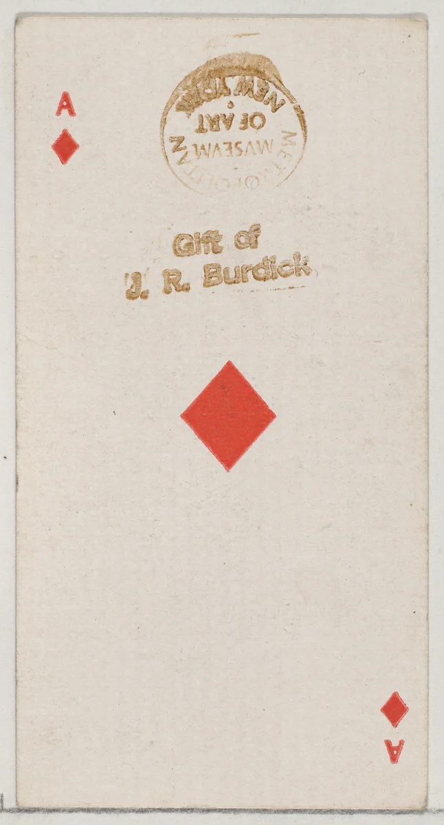 Ace of Diamonds (red), from the Playing Cards series (N84) for Duke brand cigarettes by W. Duke, Sons & Co., print, 1888