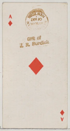 Ace of Diamonds (red), from the Playing Cards series (N84) for Duke brand cigarettes by W. Duke, Sons & Co., print, 1888