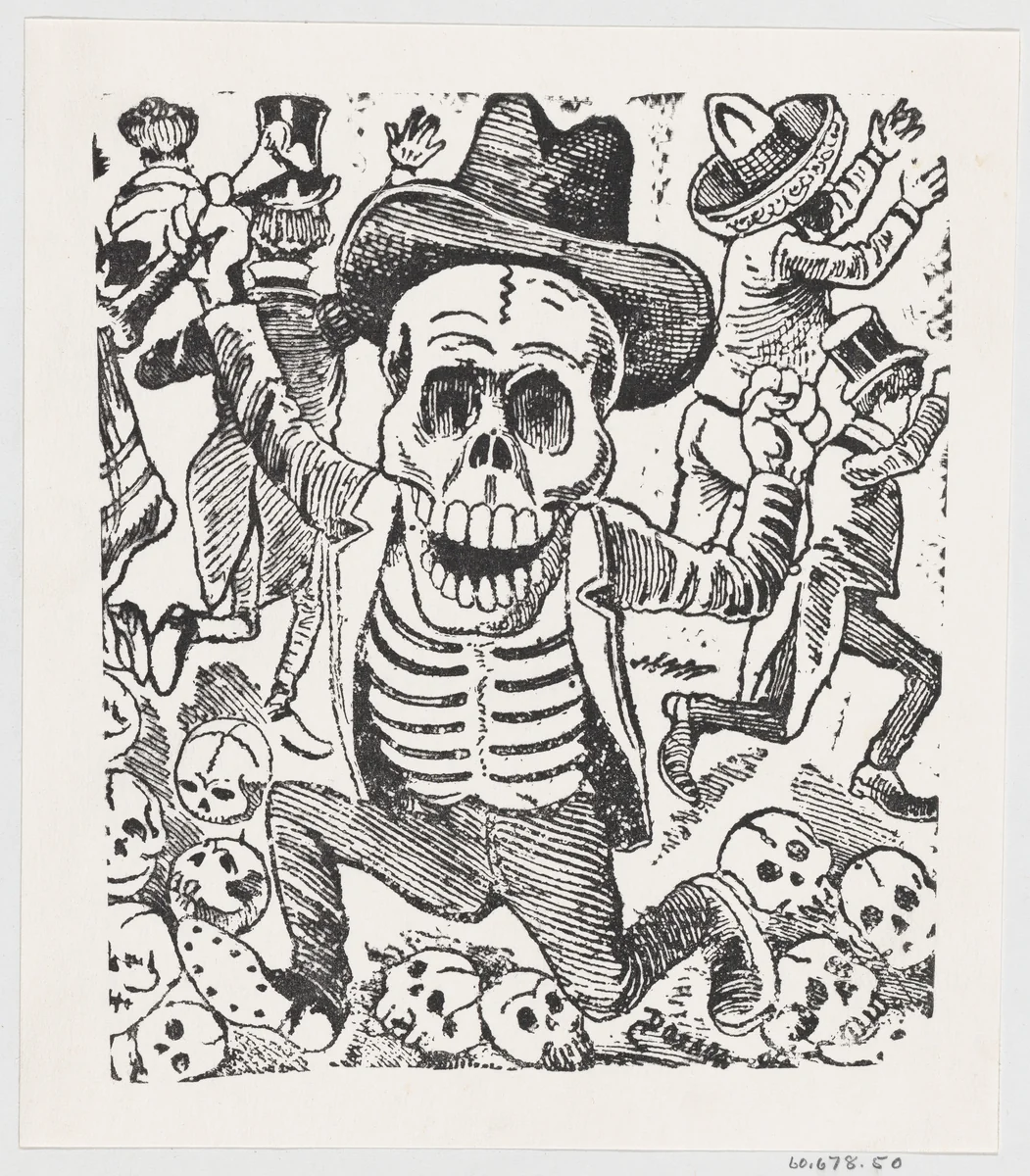 A skeleton holding a bone and leaping over a pile of skulls while people flee, from a broadside entitled 'Las bravisimas calaveras Guatemaltecas' by José Guadalupe Posada, print, 1870-1913