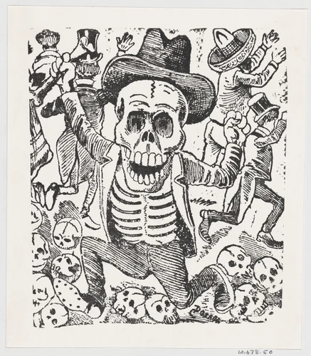 A skeleton holding a bone and leaping over a pile of skulls while people flee, from a broadside entitled 'Las bravisimas calaveras Guatemaltecas' by José Guadalupe Posada, print, 1870-1913