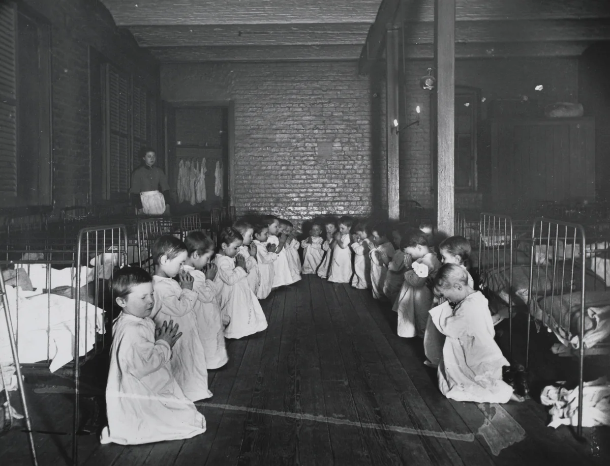 Prayer Time in the Nursery, Five Points House of Industry by Jacob August Riis, photograph, 1889