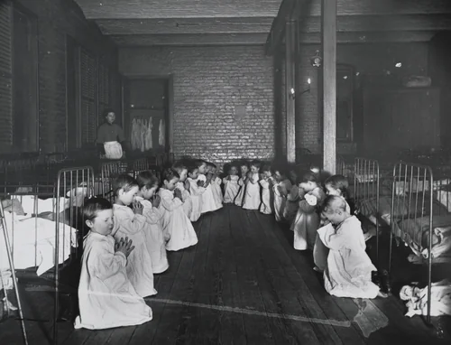 Prayer Time in the Nursery, Five Points House of Industry by Jacob August Riis, photograph, 1889