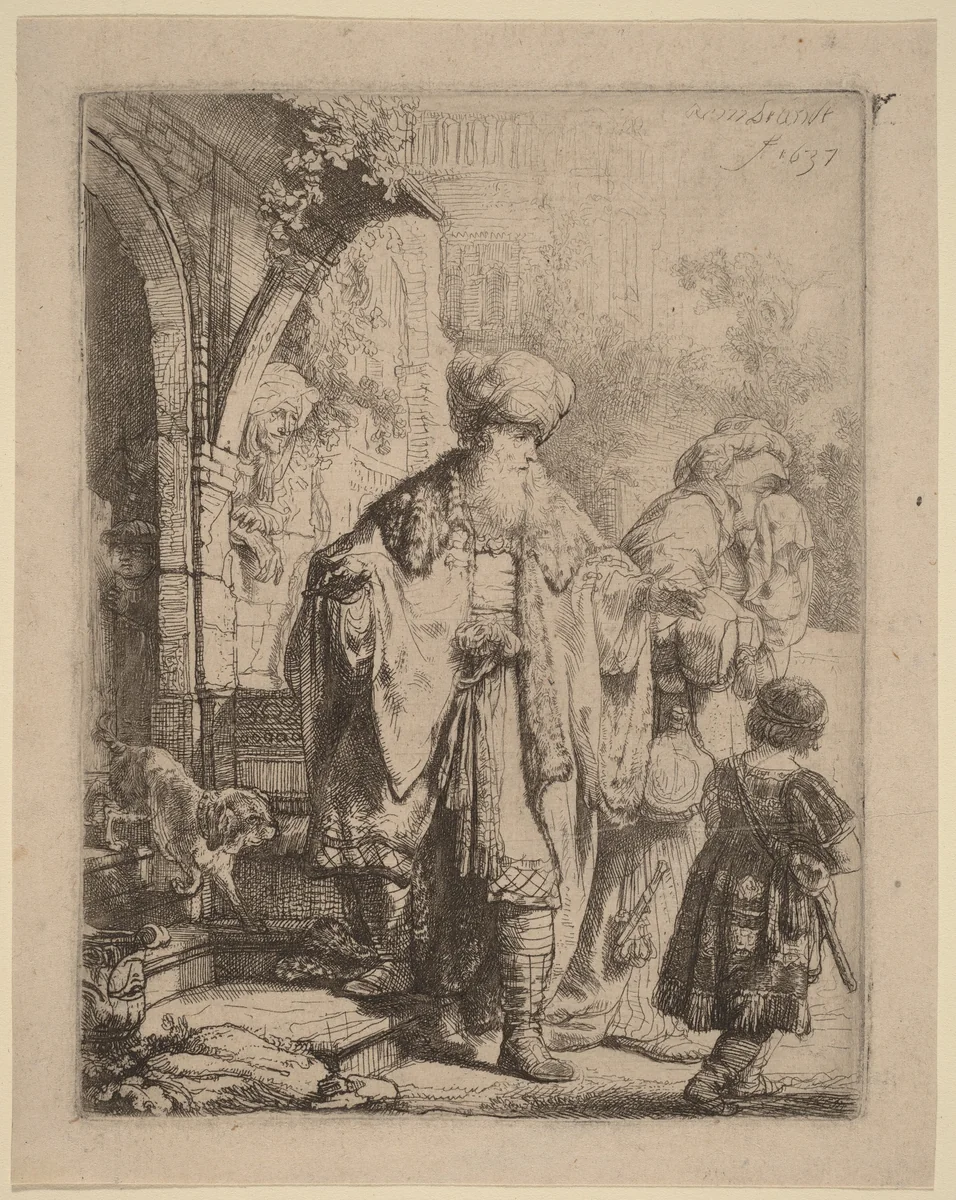 Abraham Casting Out Hagar and Ishmael by Rembrandt van Rijn, print, 1637