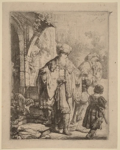 Abraham Casting Out Hagar and Ishmael by Rembrandt van Rijn, print, 1637