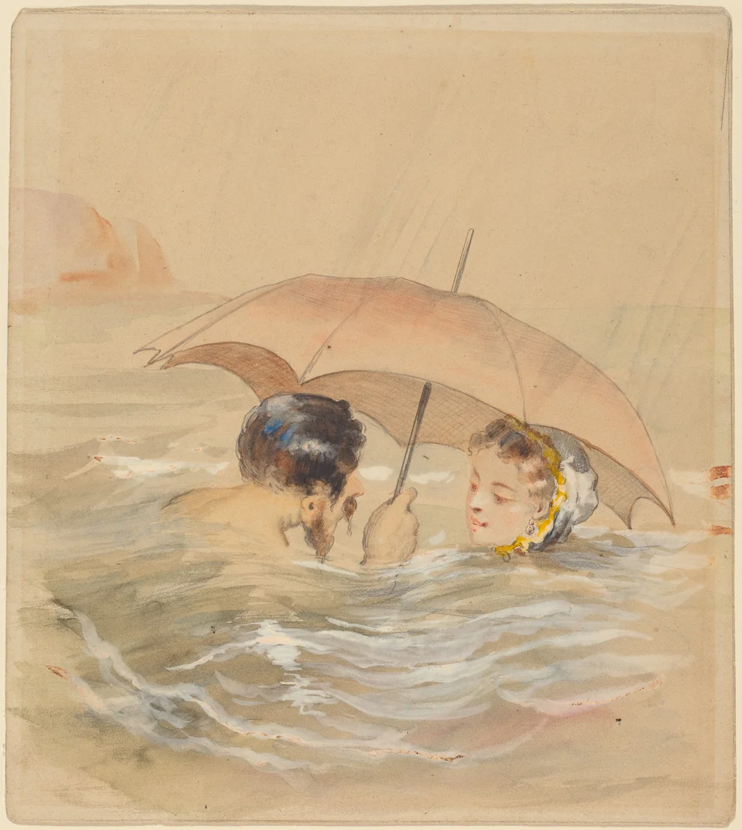 Male and Female Bathers with Umbrella by Alfred Grévin, drawing, 1827-1892