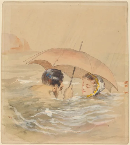 Male and Female Bathers with Umbrella by Alfred Grévin, drawing, 1827-1892