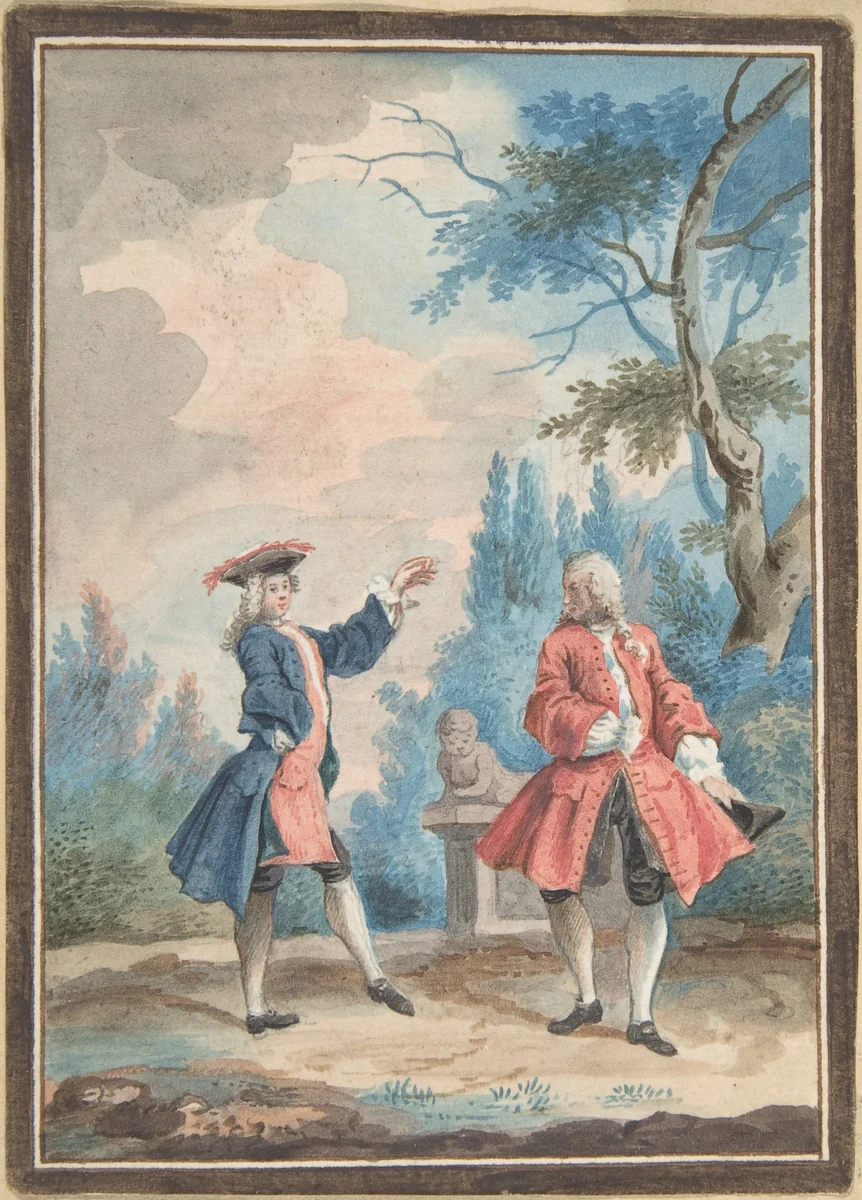 Two dancing male figures in a landscape by anonymous, drawing, 1700-1799