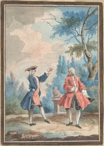 Two dancing male figures in a landscape by anonymous, drawing, 1700-1799