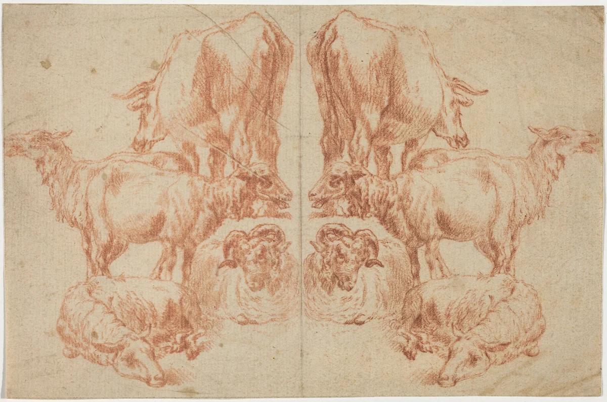 Four Sheep and a Cow by Nicolaes Pietersz Berchem, drawing, 1652