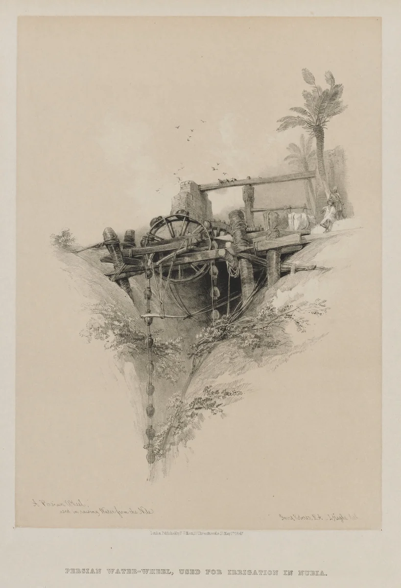 Egypt and Nubia, Volume II: A Persian Wheel, Used in Raising Water from the Nile by Louis Haghe, print, 1847