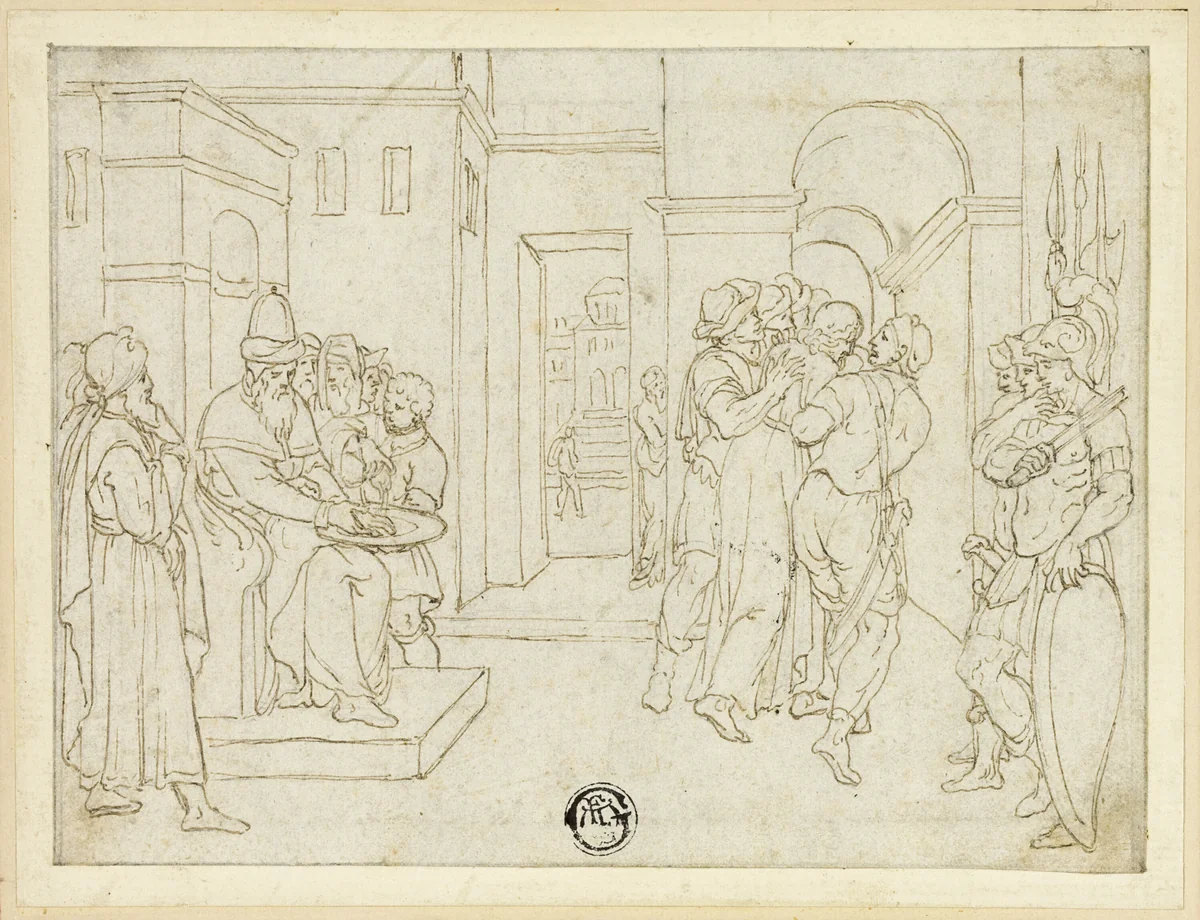Pilate Washing His Hands, with Christ Being Led Away by Giambologna, drawing, 1580-1599