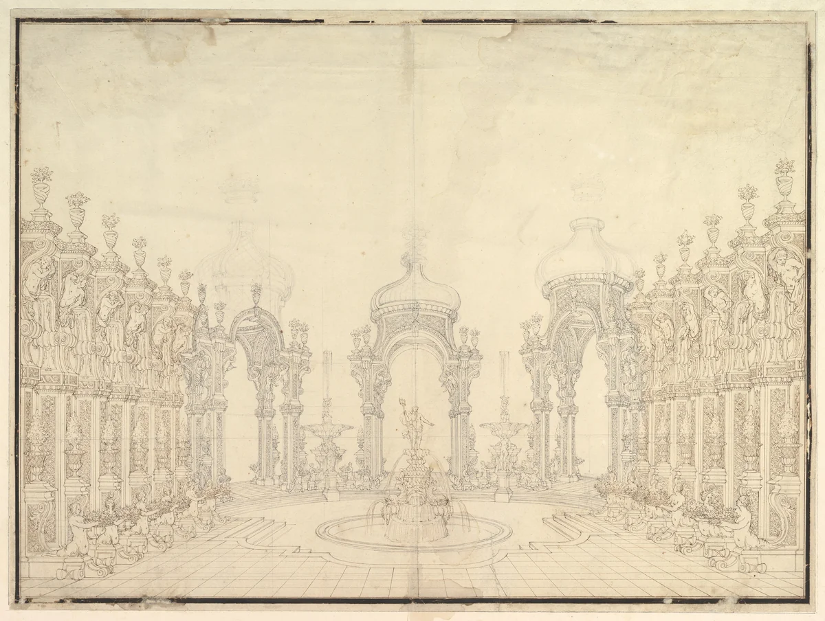 Designs for Stage Set: Three Pavillions in Background with "Oriental" (Ogival) Cupolas with Two Small Fountains between Them; in Foreground, a large Fountain with Dolphins Surmounted by Neptune by Giuseppe Galli Bibiena, drawing, 1696-1756