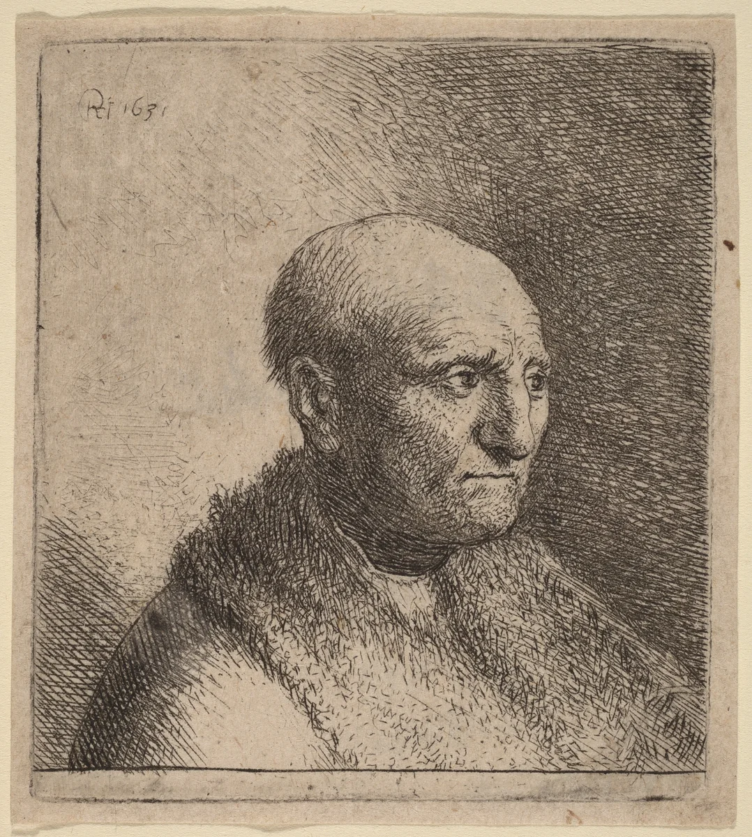Bald Man in a Fur Cloak by Rembrandt van Rijn, print, 1630