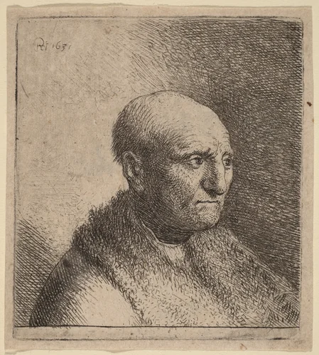 Bald Man in a Fur Cloak by Rembrandt van Rijn, print, 1630