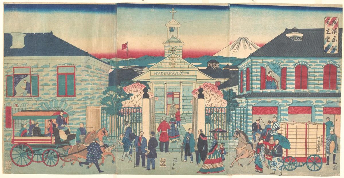 Illustration of Foreign Residences and the Catholic Church in Yokohama (Yokohama shōkan tenshudō no zu) by Utagawa Hiroshige III, print, 1870