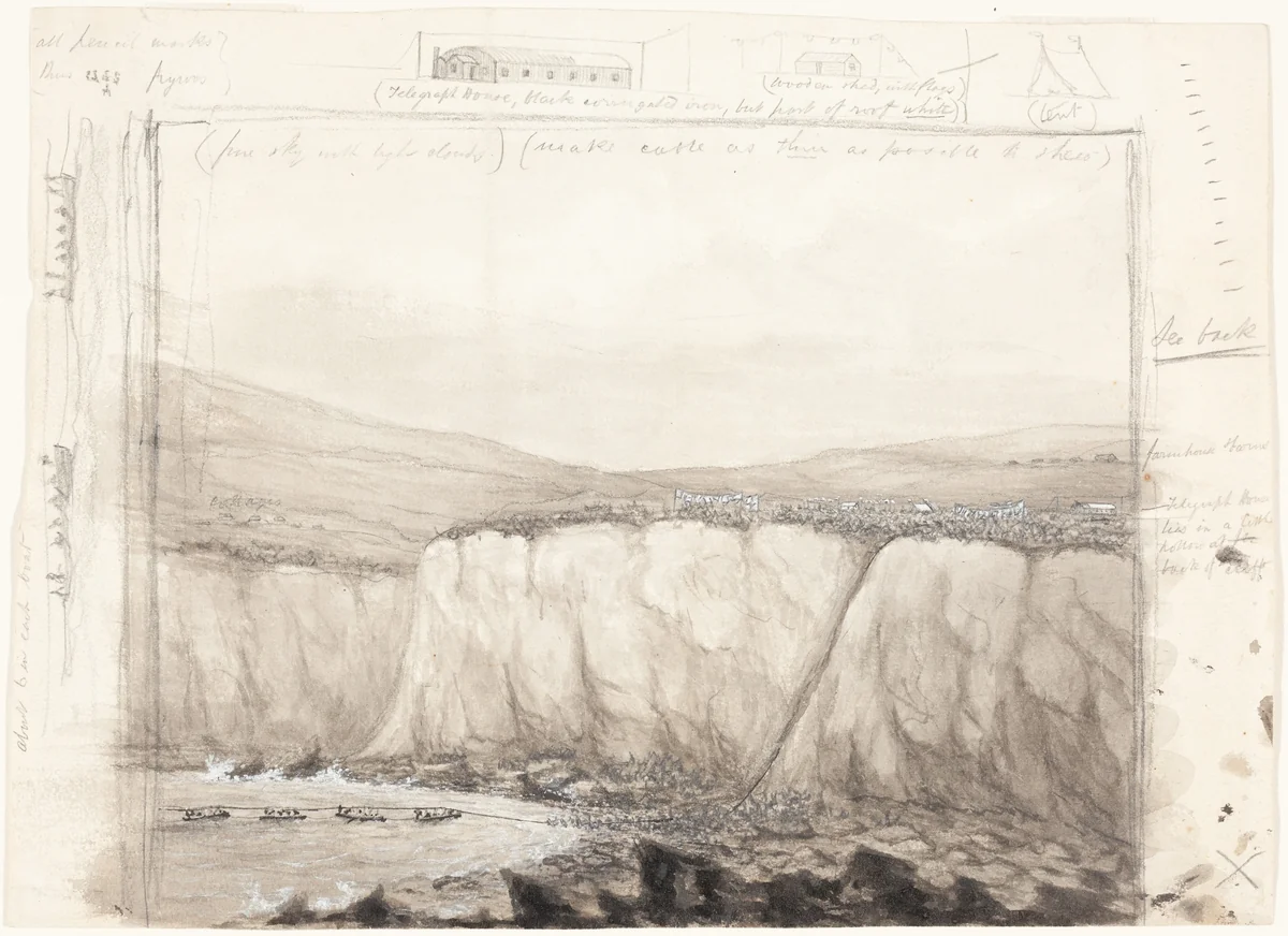 The Laying of the Atlantic Cable at Foilhommerum Bay, Ireland by British 19th Century, drawing, 1865