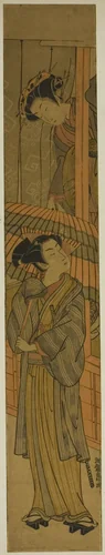 Courtesan Pulling a Young Man's Umbrella (parody of Rashomon) by Isoda Koryusai, print, 1768-1778
