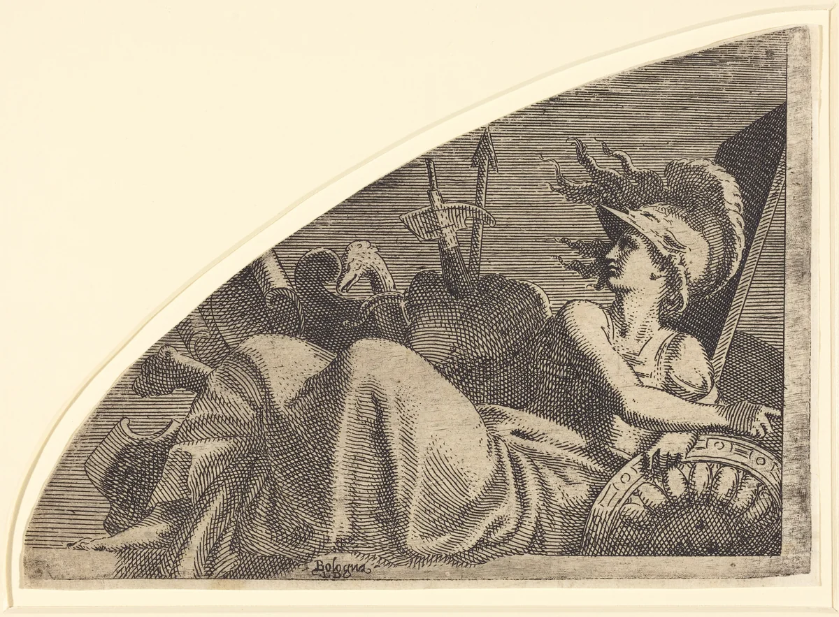 Bellona Seated on Her Trophies by Léon Davent; Francesco Primaticcio, print, 1476-1600