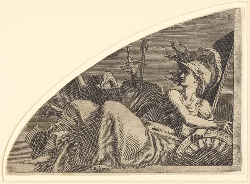 Bellona Seated on Her Trophies by Léon Davent; Francesco Primaticcio, print, 1476-1600