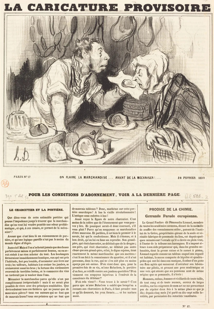 On flaire la marchandise... avant de la mécaniser!... by Honoré Daumier, print, 1839