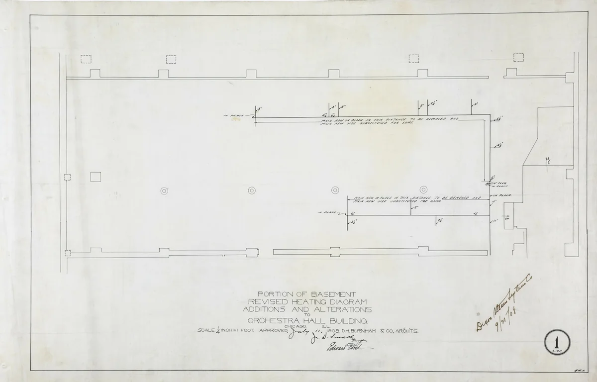 Orchestra Hall Heating Revisions, Chicago, Illinois, Diagrams by D.H. Burnham & Company, other, 1908