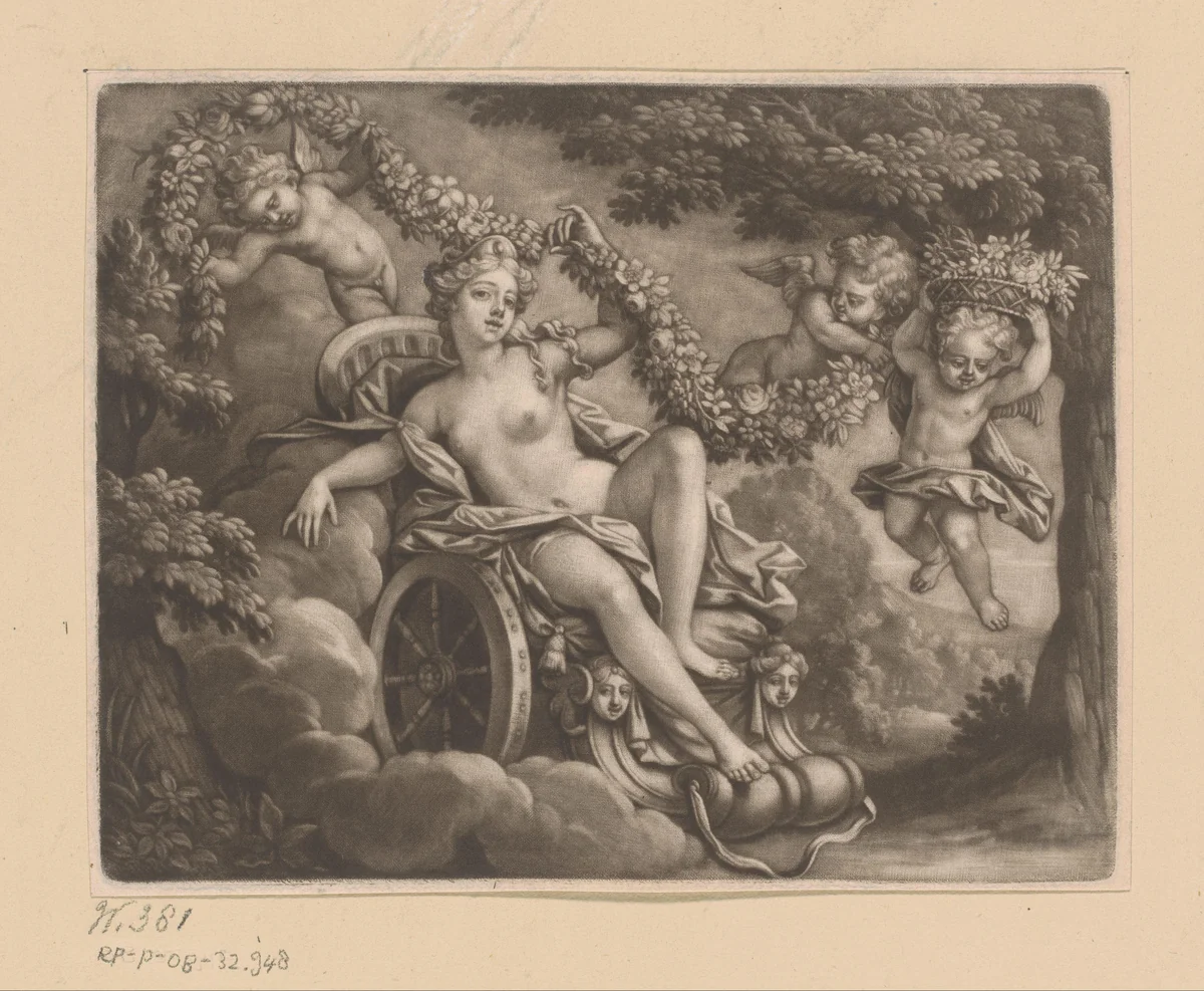 Venus op een strijdwagen omringd door cupido's met guirlandes by John Smith, print, 1662-1742