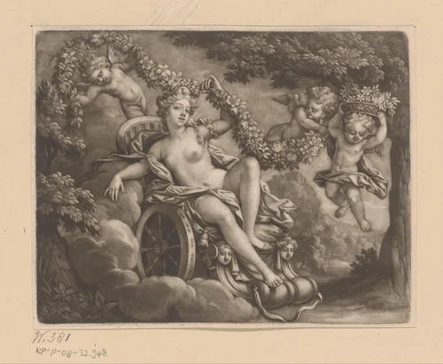 Venus op een strijdwagen omringd door cupido's met guirlandes by John Smith, print, 1662-1742