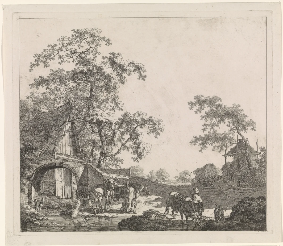 Boeren met paarden en ander vee bij een beek by Barend Hendrik Thier, print, 1780