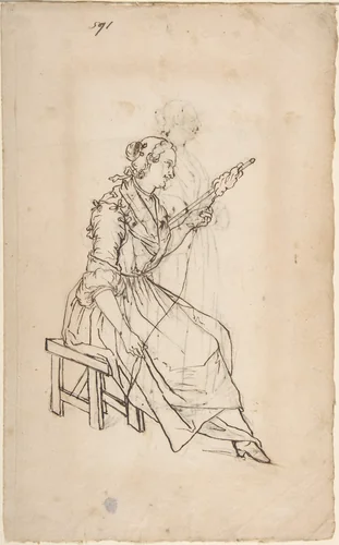 A Woman Spinning (recto); A Woman Holding a Bundle (verso) by Giacomo Ceruti, drawing, 1710-1767