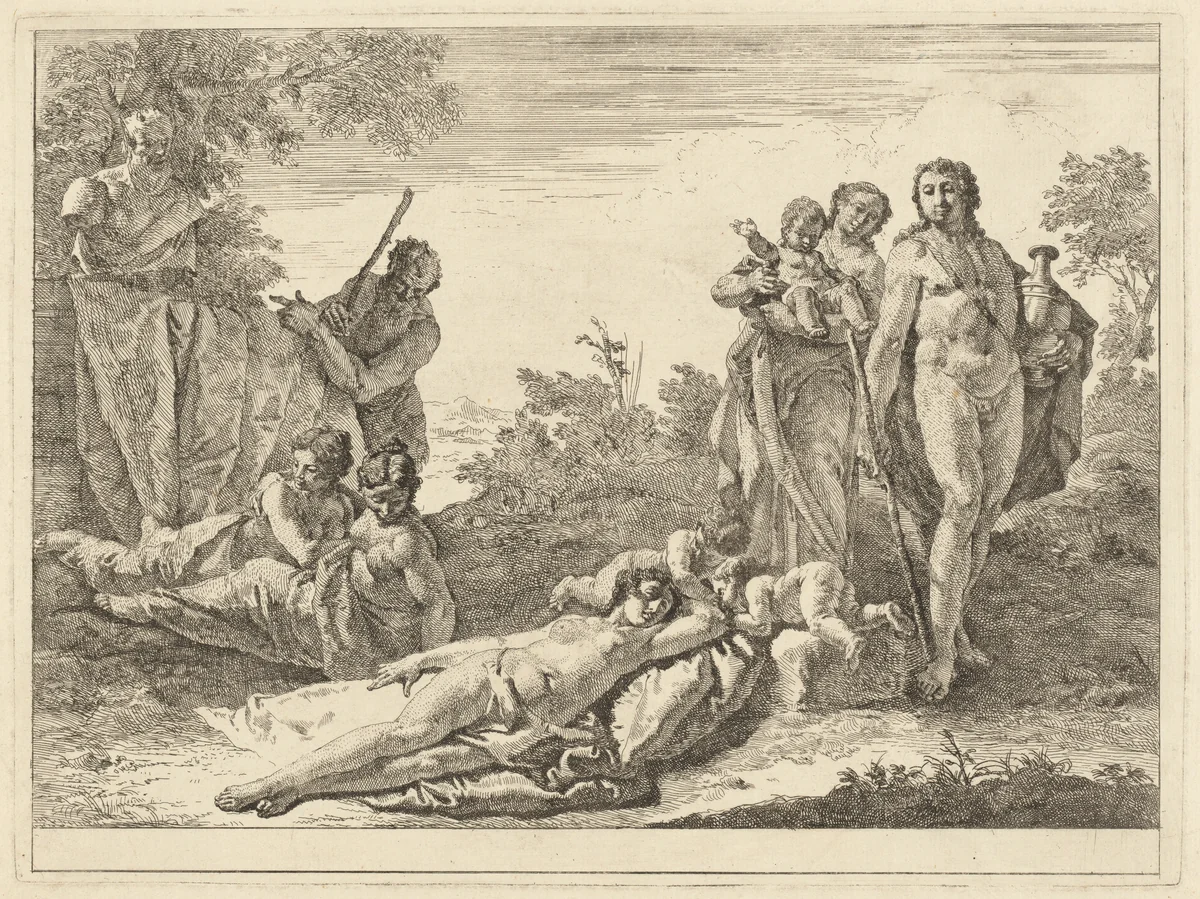 Nine Figures around a Herm of Pan by Francesco Fontebasso, print, 1744