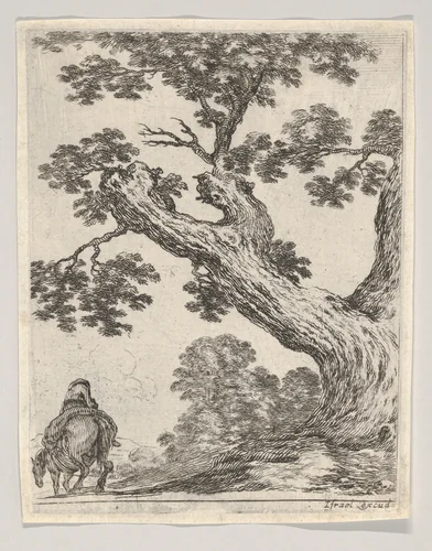 A large tree at right, a man on horseback at left, seen from behind riding towards the left, plate 18 from "Various figures and doodles" (Diverses figures et griffonnemens) by Stefano della Bella, print, 1643-1648