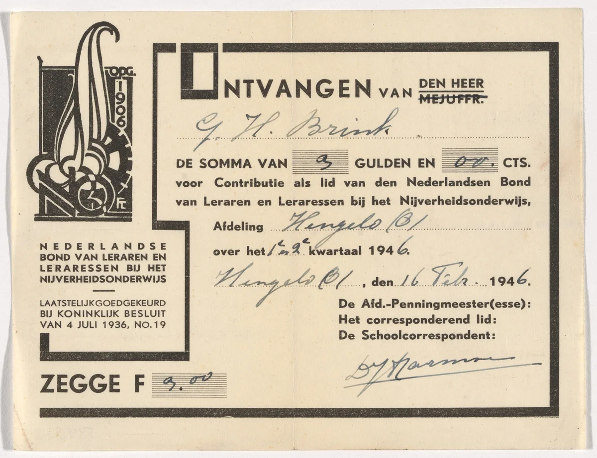 Membership fee receipt for the Dutch Federation of Teachers in Industrial Education (Nederlandse Bond van Lareren en Lararessen Bij het Nijverheidsonderwijs) by Fré Cohen, design, 1936