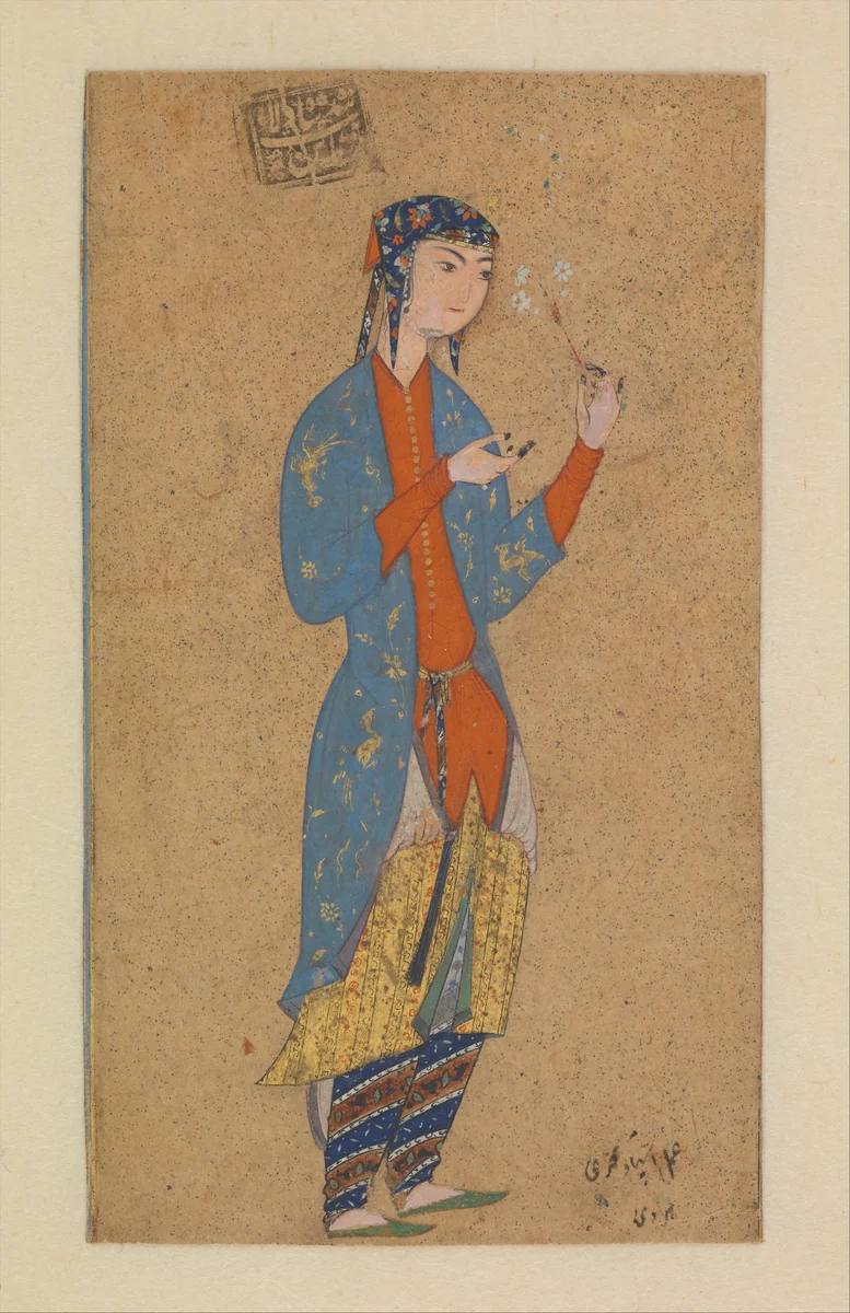 Portrait of a Lady Holding a Flower by Muhammadi, manuscript, 1540-1600
