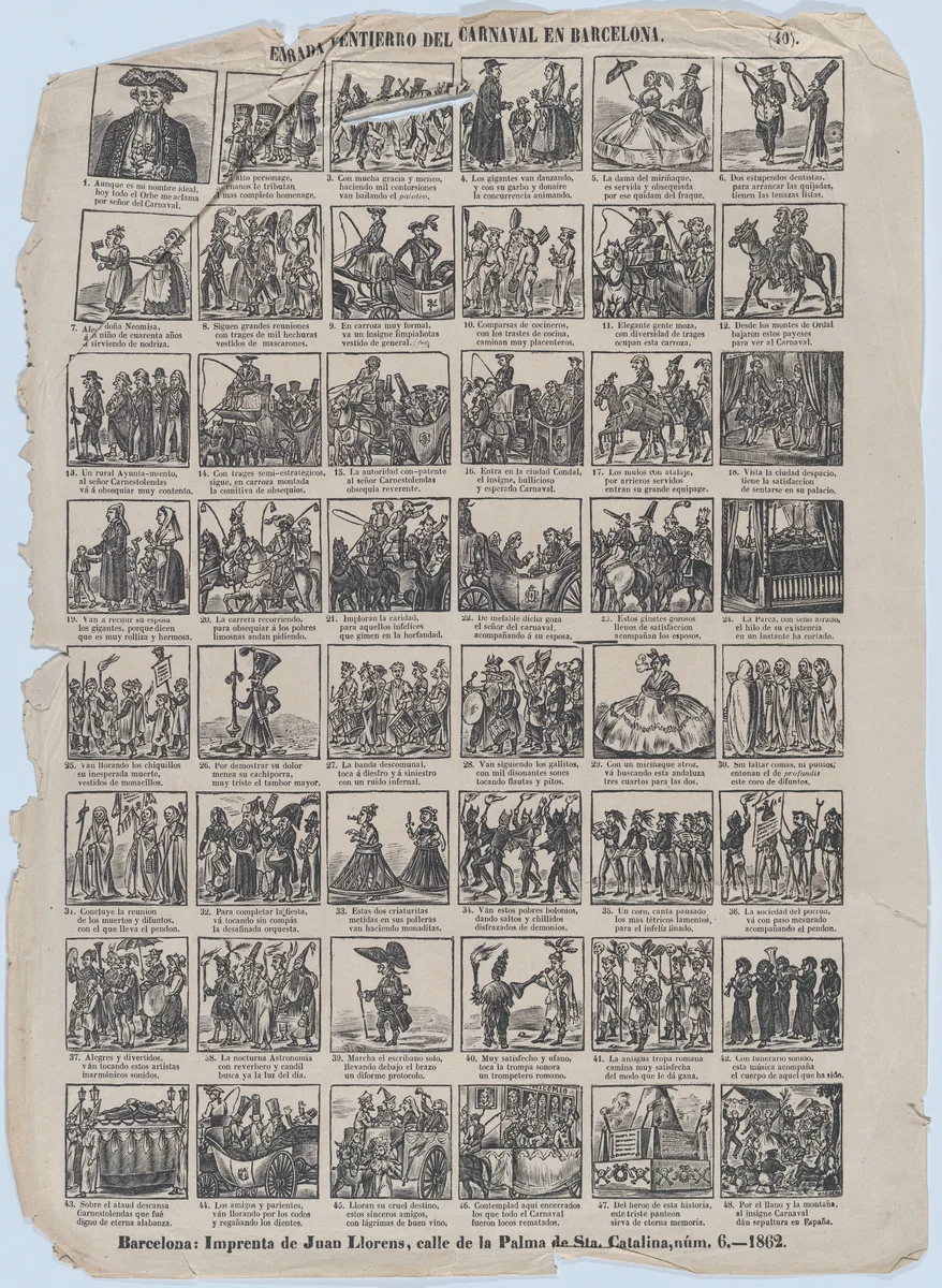 Broadside with 48 scenes relating to the carnival in Barcelona by José Noguera, print, 1862